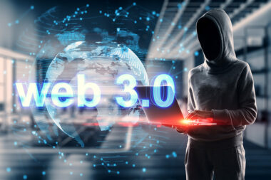 Blockchain system, cryptocurrency, anonymous and modern internet technology concept with blue web 3.0 sign and planet globe hologram on faceless person using modern laptop background, double exposure