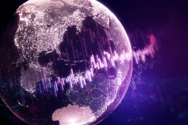 Abstract purple globe with forex chart on blurry background. Finance statistics and data Analytics. Stock exchange market, investment, finance and trading. Double exposure.