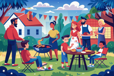 A family enjoying a barbecue in their yard, with delicious food cooking on the grill and everyone gathered around.